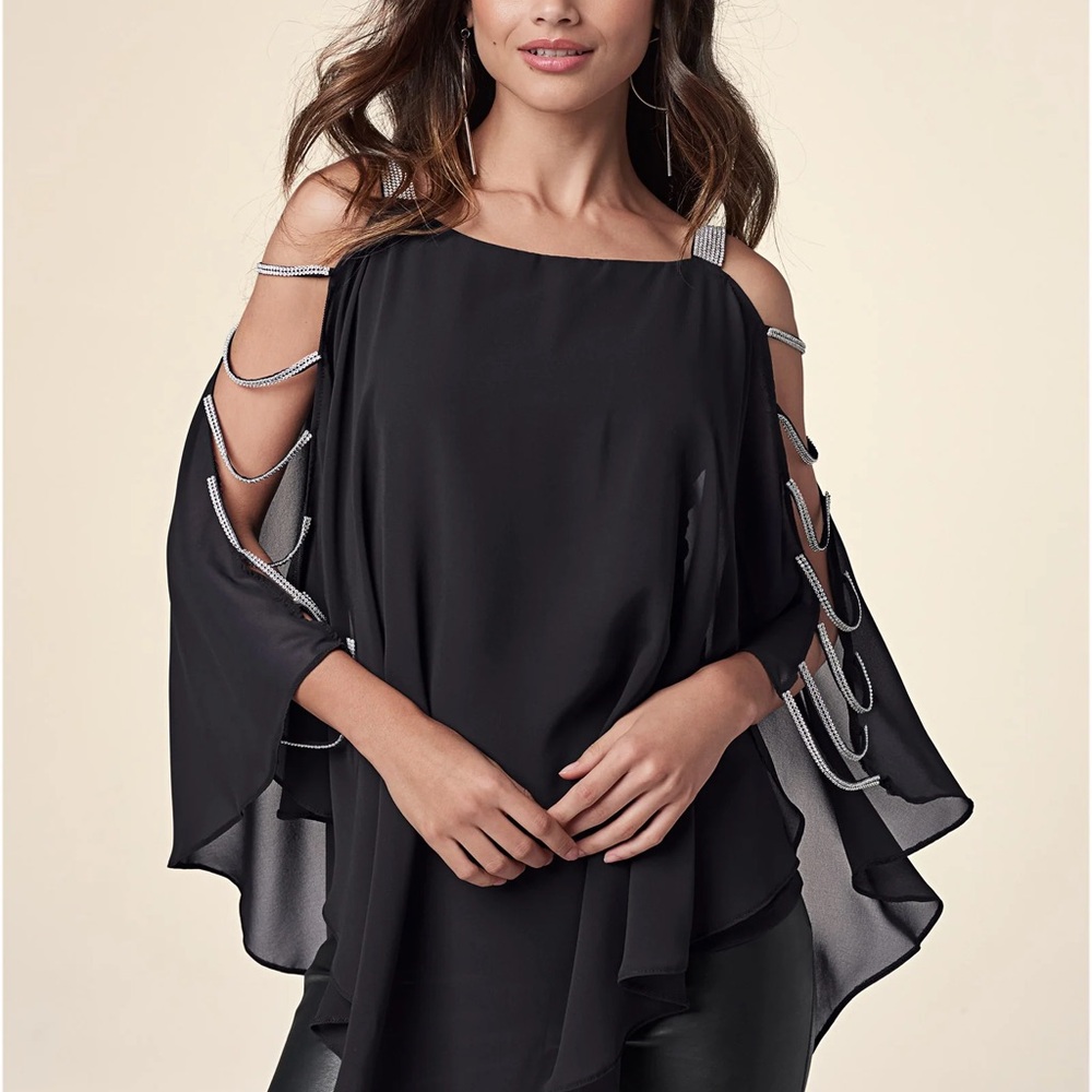 VENUS Black Rhinestone Asymmetrical Cut Out  Sheer Blouse